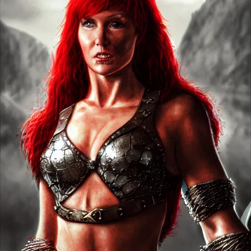 Image similar to hyper realistic photo of red sonja portrait, cinematic