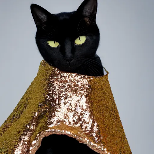 Prompt: a high - quality photo of a cat wearing a sequined designer cape, hyperrealistic, textured, animal portrait, f 2. 8