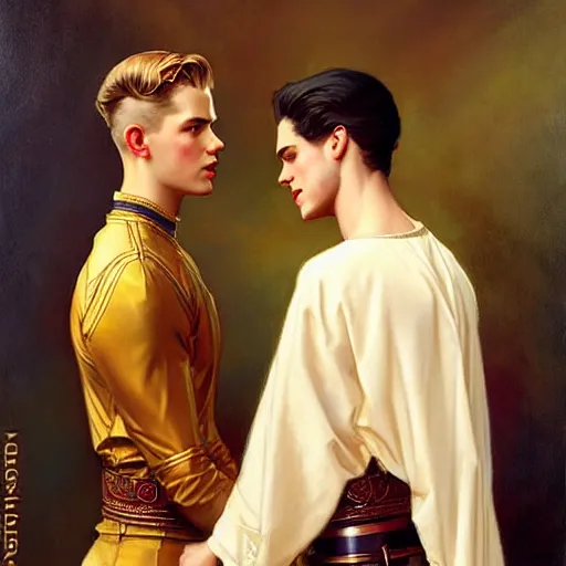 Image similar to attractive fully clothed king confesses his love for his attractive fully clothed male prince. highly detailed painting by j. c. leyendecker, tom bagshaw,