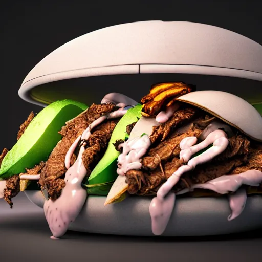 Image similar to ultradetailed still - life shawarma insanely detailed, octane render, cgsociety cyberpunk, neon, vaporwave sci - fi, futuristic, amazing space creature 4 k, 8 k, hyper realism scary, alluring, coveted alive