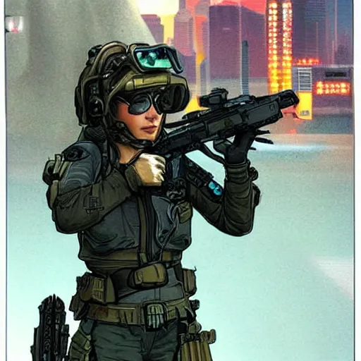 Image similar to Maria. USN special forces futuristic recon operator, cyberpunk headset, on patrol in the Australian neutral zone, deserted city landscape, skyline lit by flares. 2087. Concept art by James Gurney and Alphonso Mucha