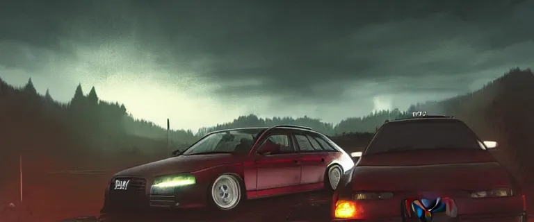 Image similar to Audi A4 B6 Avant (2002), a gritty neo-noir, dramatic bright lighting, cinematic, establishing shot, extremely high detail, photorealistic, cinematic lighting, artstation, by simon stalenhag, Palmont City canyon road, touge, At night