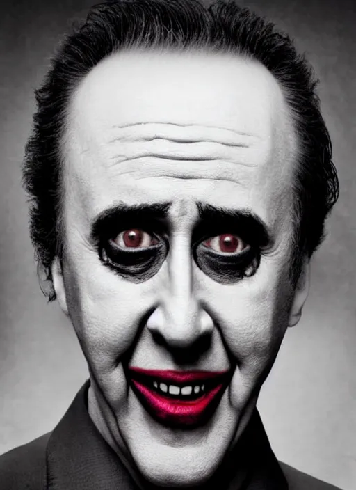 Prompt: photo of a 40-year-old Nicolas Cage (2021) as the Joker by Lee Jeffries, smiling, detailed, award winning, Sony a7R