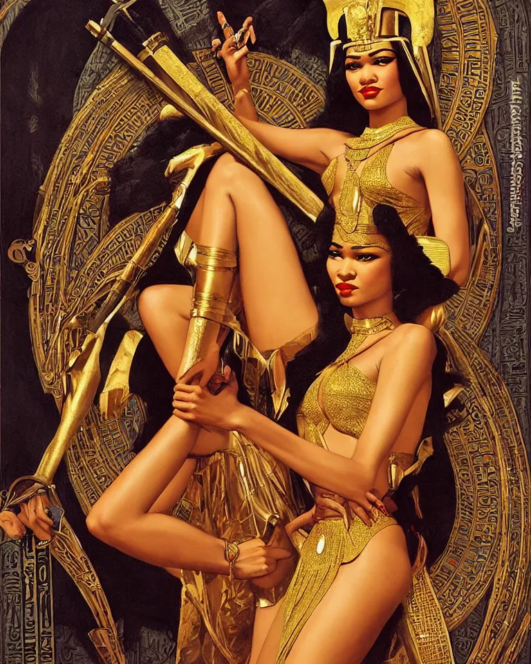 Prompt: zendaya as isis the Egyptian goddess, a beautiful art nouveau portrait by Gil elvgren, Nile river environment