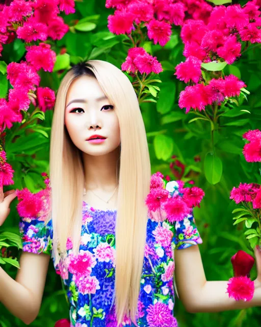 Image similar to an stunning beautiful chinese girl is surrounded by colourful flowers and plants, symmetric face and eyes, upper body face shot, long straight blonde hair, visible face 5 0 mm f 2. 2