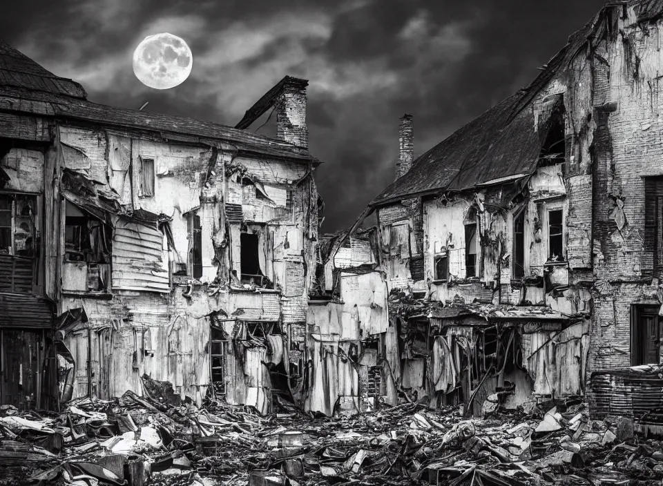 Prompt: midnight, the moon obscured by clouds, in a dilapidated building the dark unknown huddled in the corner is pouring out, dramatic grey sky, photoreal, insane details, dramatic lighting, contrast between luxury and poverty, fashion inspired photography, 8 5 mm prime lens, f 4. 0, weta digital, greg rutkowski, james gurney, johannes voss