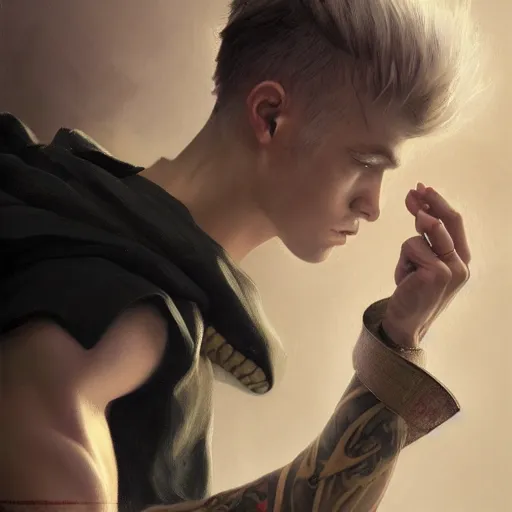 Prompt: A detailed matte oil on canvas painting of a young white male martial artist monk, orchid arm tattoos by greg rutkowski and Charlie bowater, trending on artstationhd, dungeons and dragons art