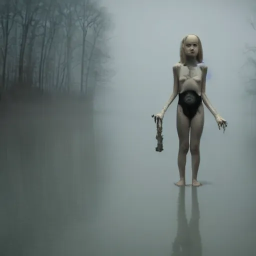 Image similar to monster with and bones for legs, pale skin, dark water, foggy water, dark, dramatic, big eyes, terrifying, cinematic