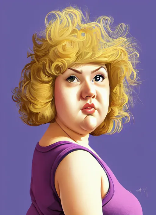 Image similar to full body portrait, teenage betty cooper, blonde hair, obese, bangs, ponytail, sultry, realistic, sultry smirk, fluffy bangs, curly bangs, fat, belly, beautiful girl, intricate, elegant, highly detailed, digital painting, artstation, concept art, smooth, sharp focus, illustration, art by wlop, mars ravelo and greg rutkowski