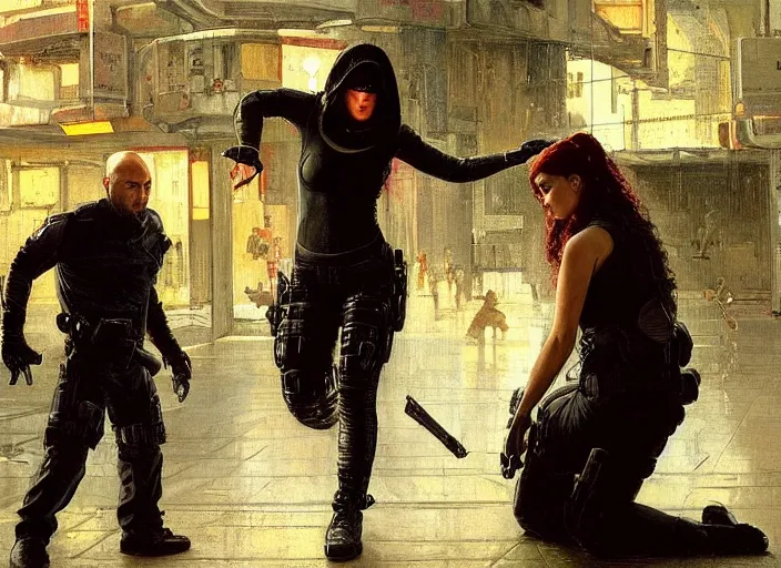 Prompt: Maria evades sgt Griggs. Cyberpunk hacker escaping Menacing Cyberpunk police trooper griggs. (dystopian, police state, Cyberpunk 2077, bladerunner 2049). Iranian orientalist portrait by john william waterhouse and Edwin Longsden Long and Theodore Ralli and Nasreddine Dinet, oil on canvas. Cinematic, vivid colors, hyper realism, realistic proportions, dramatic lighting, high detail 4k
