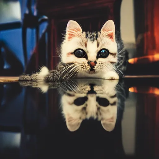 Image similar to infinity mirror reflecting a small cat, 4k, 40nm lens