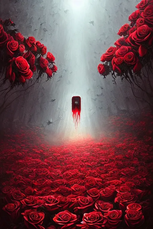Image similar to poster style, a beautiful and terrifying painting with high details of reaper's garden with red fluid white roses in the foreground, movie atmosphere, movie lights, 8 k, light effect, rtx on, trending on artstation, by kilian eng, lee madgwick, bastien lecouffe - deharme