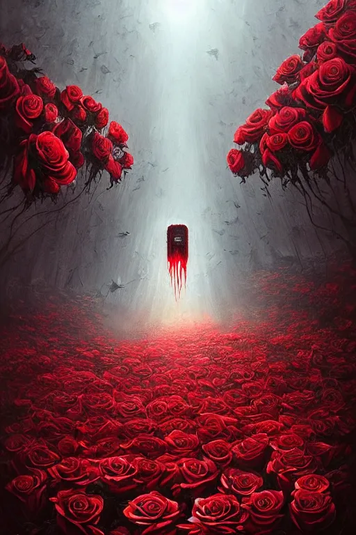 Prompt: poster style, a beautiful and terrifying painting with high details of reaper's garden with red fluid white roses in the foreground, movie atmosphere, movie lights, 8 k, light effect, rtx on, trending on artstation, by kilian eng, lee madgwick, bastien lecouffe - deharme