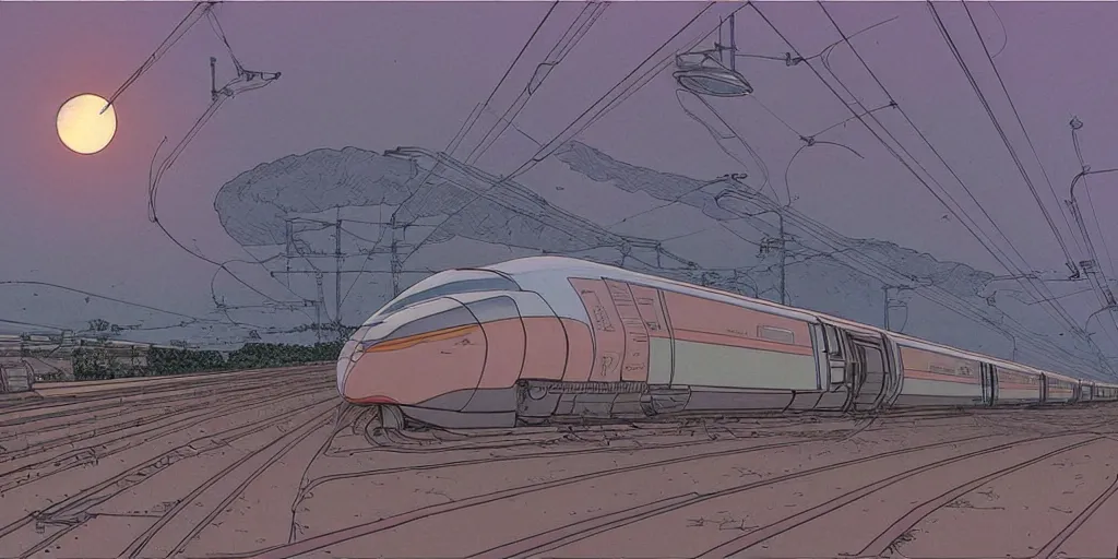 Image similar to weird west futuristic bullet train into the sunset, desaturated delicate illustration by moebius jean giraud