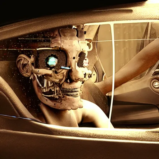 Prompt: car made of living flesh, biopunk, half machine half creature