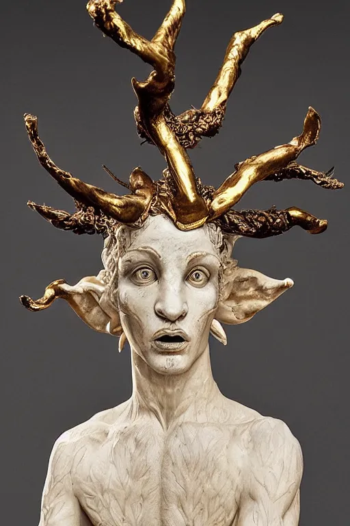 Image similar to a cinematic view of a ornated intricate mystic faun statue made by hedi xandt, chris haas and bernini, realistic, macabre art, covering his hip with a wrapped black old fabric veil, using few gold ornaments detailed image, volummetric light