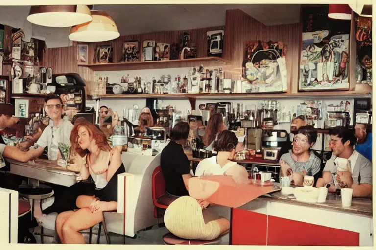 Image similar to retro - style cafe filled with pepe the frog customers drinking coffee, 8 0 s style, cinematographic photo