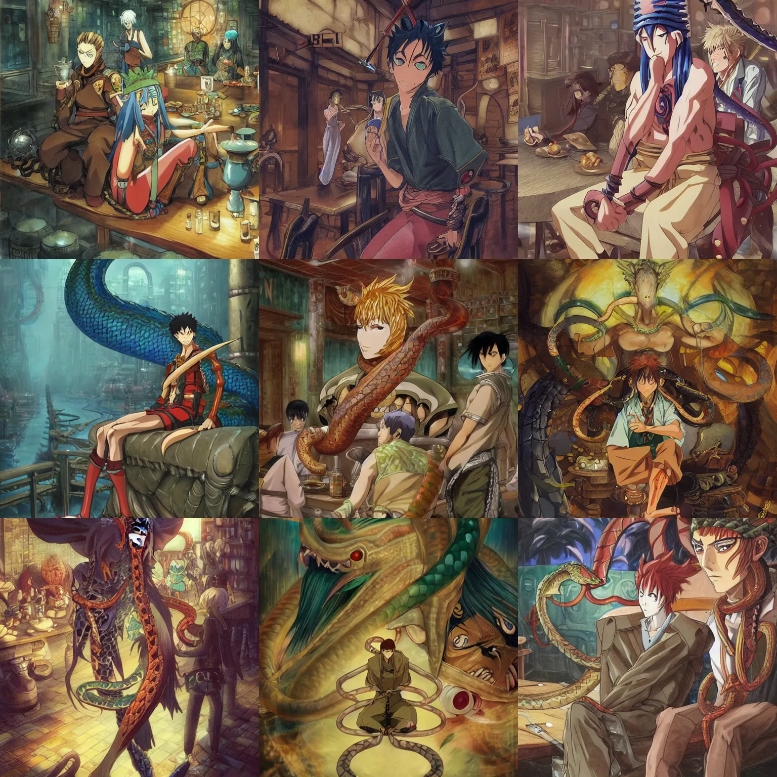 Prompt: an anime with a serpent tailed man with a serpent tail and no legs seated in an old crowded and lively tavern full of fantasy spirits and heroes, art by yuji ikehata and satoshi kon, background art by miyazaki, realism, proper human male proportions, fully clothed, dungeons and dragons