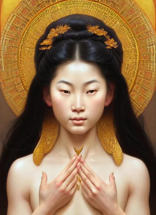 Image similar to perfectly feminine face!! portrait of an asian goddess blessed by a nature goddess with ever - increasing physical mental perfection, blonde, symmetrical! intricate, sensual features, highly detailed, biblical divine holy perfection!! digital painting, artstation, concept art, smooth, sharp focus, illustration, art by artgerm and greg rutkowski and alphonse mucha