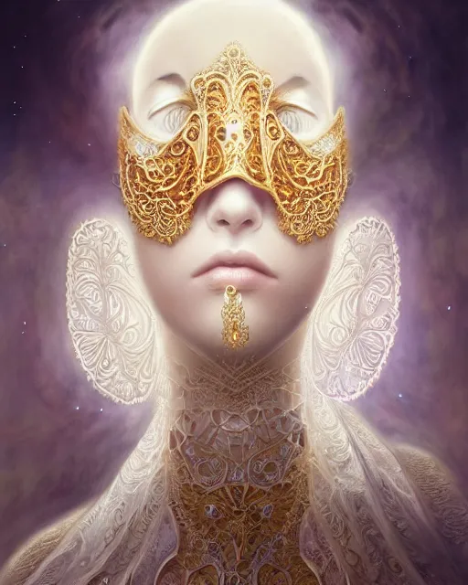 Image similar to beautiful ethereal maiden in a ivory masquerade mask intricate ornate fractal-lace and gemstones, wearing stunning ivory dress, ivory gold iridescent, full view, soft lighting, vivid, Hyperdetailed, 4k hd matte painting by Artgerm, Greg Rutkowski, Klimt, James Jean, 8k resolution, enchanting and otherworldly, Artstation, CGsociety, detailed, front view