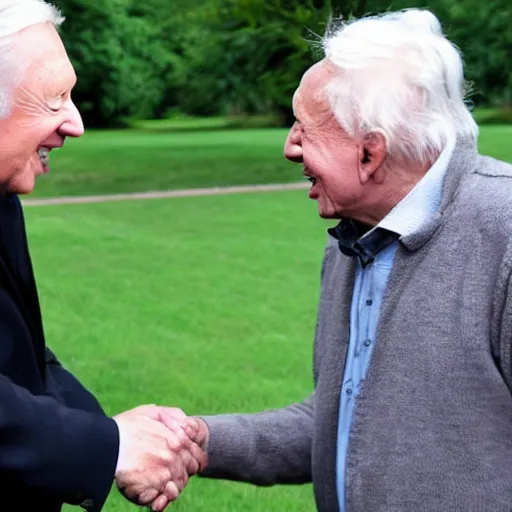 Prompt: Sir David Attenborough shaking hands with a Martian alien