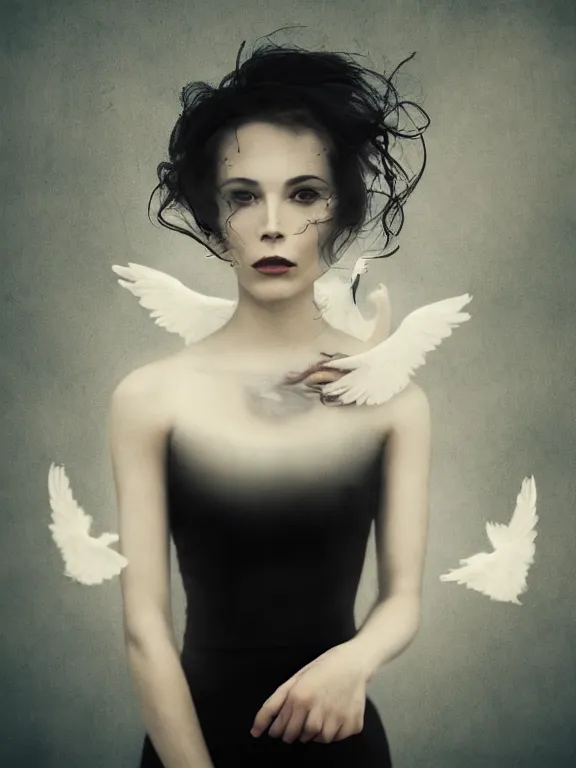 Image similar to portrait of iconic beautiful woman in sophisticated black dress keeping in hands white birds that flying apart turning to smoke and fire and dust. 35mm double-exposure photo, thick fog, daylight, deep shadows, depth of field, cinematic lightning, wide angel, eerie atmosphere, motion blur, HD, smooth and very detailed quality, masterpiece, volumetric lightning, chromatic aberration, Richard Avedon, style of Ade Santora, Tatiana Gorilovsky, cinematic composition, occult, german expressionism, masterpiece, intricate detailed, deep rich palette, wide angel shot