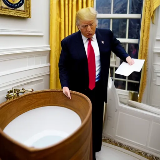 Image similar to donald trump putting peices of paper into an open toilet in the white house bathroom, 8 k photo