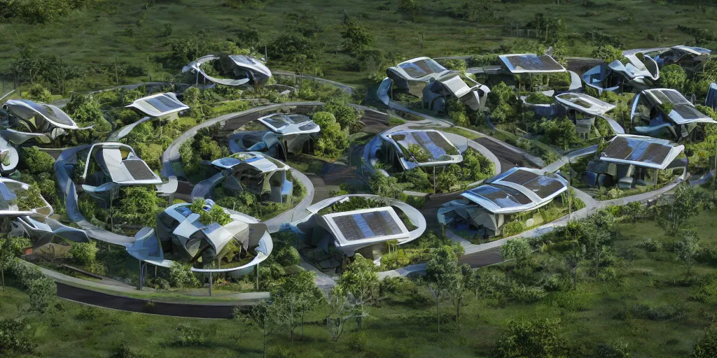 Image similar to futuristic eco-village with connected houses, solarpanels and integrated in nature, opposite of urban sprawl, forte gimenes marcondes ferryz arquitetos detailed, octane render, photo realism, 3D, ray tracing, photo realism