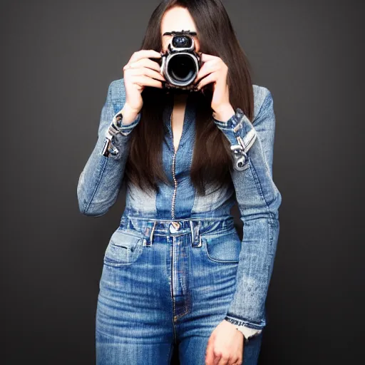 Prompt: a woman in black jacket and jeans holding a camera, a photo by Camille Souter, shutterstock, art photography, studio photography, stylish, black background