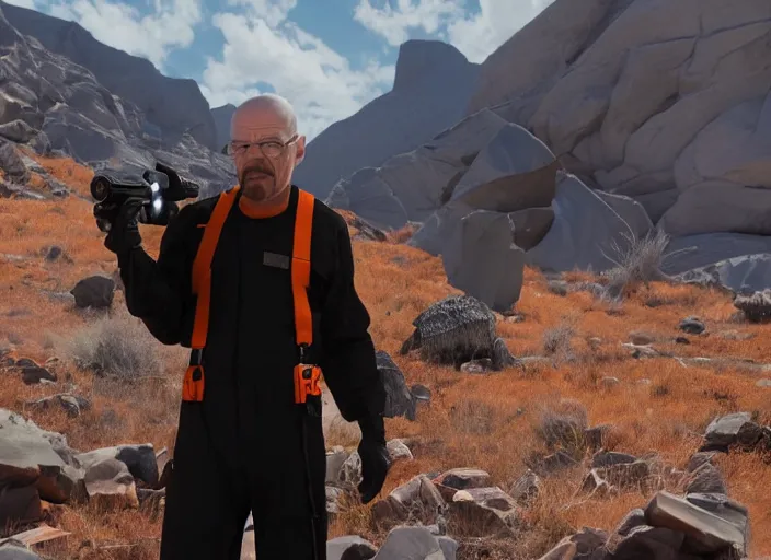 Image similar to film still of Walter White as Gordan Freeman wearing Black and orange Black Mesa Jumpsuit holding a gravity gun in the Half Life Movie, 4k