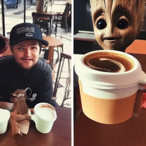 Image similar to Grogu and Baby Groot are chilling in a coffee shop together