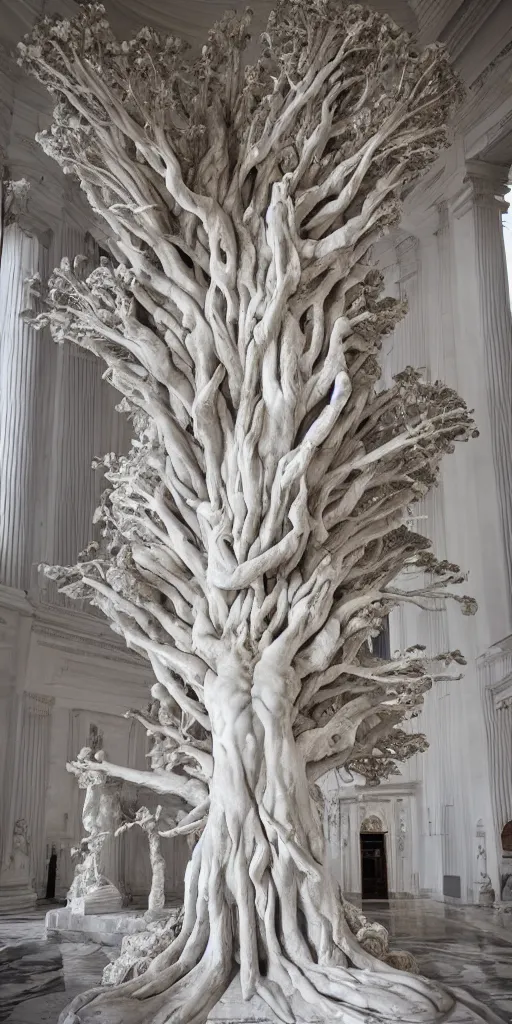 Prompt: a stunning hyperdetailed tree made of beautiful human bodies made of marble with intricate roots and sculpted by canova
