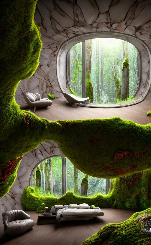 Image similar to highly detailed villa natural beautiful light interior soft cinematic composition of a smooth ceramic porcelain biomorphic magnolia stone nebula fluid sci - fi surreal colorful architecture landscape, furniture, granite, trees, marble, moss, lichen, fungi, vincent callebaut composition, mamou - mani, archviz, 8 k, unreal engine, hdr