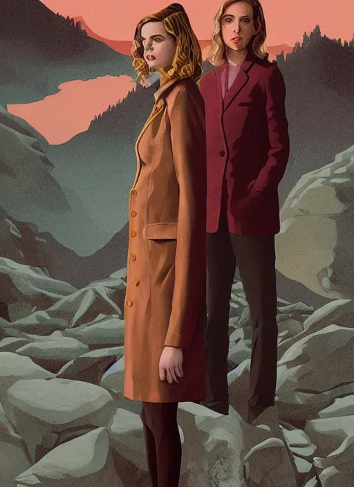 Image similar to Twin Peaks movie poster artwork by Michael Whelan and Tomer Hanuka, Rendering of Emma Watson & Kiernan Shipka meeting David Bowie, from a scene from Twin Peaks, clean, full of detail, Matte painting, trending on artstation and unreal engine