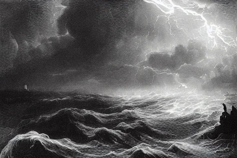 Image similar to black and white, young french woman illuminated by a beam of light through detailed stormy clouds in the sea, demons fly in background, Gustave Dore lithography