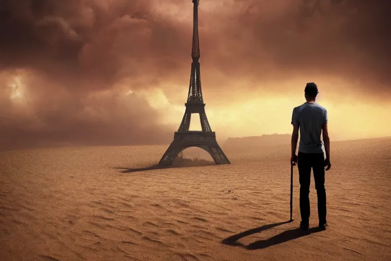 Prompt: a tall skinny man in the desert looking at the summit of the Eiffel Tower partly emerging from the sand by Jonas De Ro, digital painting, cinematic lights, atmospheric, sand, stormy horizon