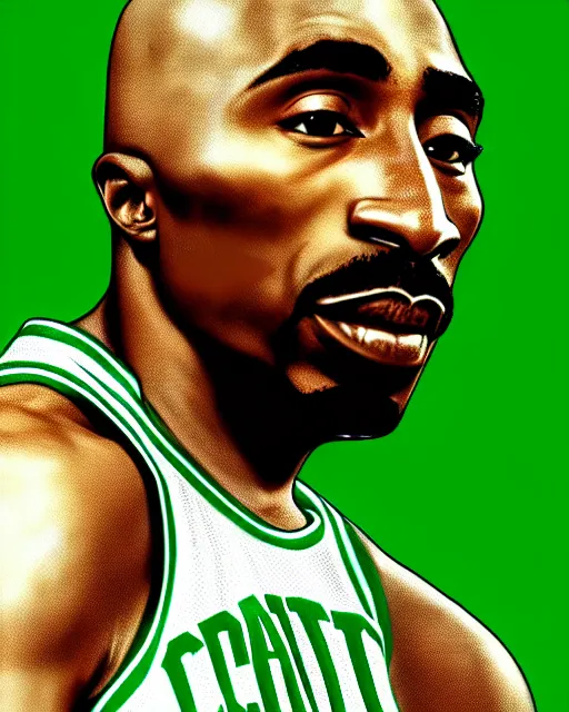 Image similar to portrait of tupac shakur, boston celtics jersey number 3 4, green, white, cartoon digital art, oil on canvas, trending on artstation, octane render