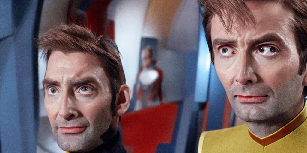 Prompt: David Tennant as Doctor Who, in Starfleet uniform, in the role of Captain Kirk in a scene from Star Trek the original series