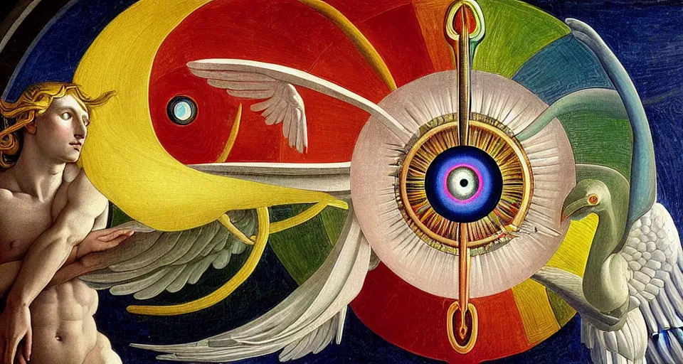 Image similar to painting of rainbow ophanim surrounded by large diagonally rotating rings, ophanim has bird wings, giant eyeball in the middle of the ophanim, by roberto. ferri, sandro botticelli, by caravaggio, by alexandre cabanel, by george clark stanton, amazing details, mythological, biblical, beautiful composition