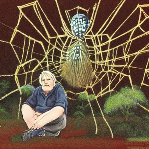 Image similar to robert wyatt sitting alongside giant spiders, illustration by robert wyatt