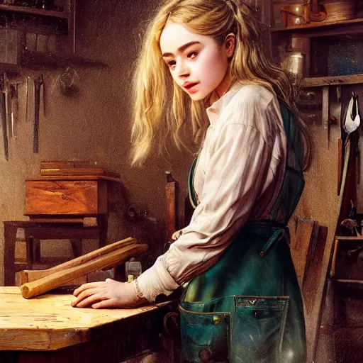 Image similar to highly detailed oil painting | very intricate | cinematic lighting | award - winning | sabrina carpenter as a simple carpenter fine craftsman | building a wooden table in their well organized clean workshop | beautiful cinematic light, american romanticism, by huang guangjian, gil elvgren, ruan jia, randy vargas, greg rutkowski, artstation, cgsociety, official art, octane