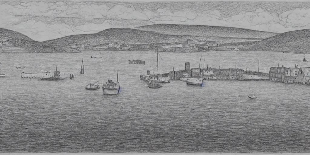 Prompt: a pencil drawing of the harbour at Stromness, orkney islands, small houses, boats, sea, stormy clouds, by Sol LeWitt