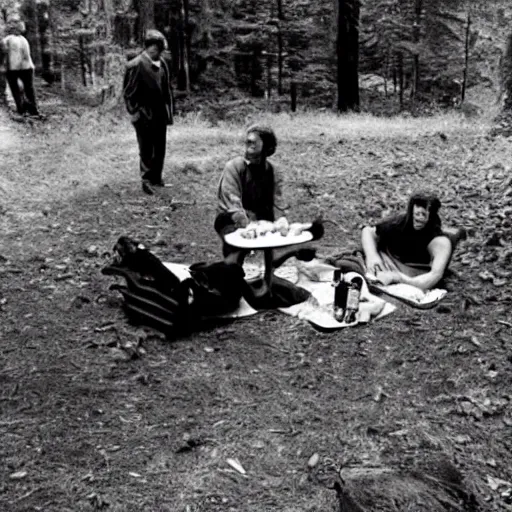 Image similar to ted bundy having a picnic at bohemian grove