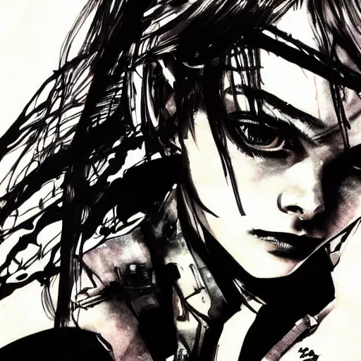 Prompt: ink illustration of Elle Fanning by Yoji Shinkawa, style of metal gear solid