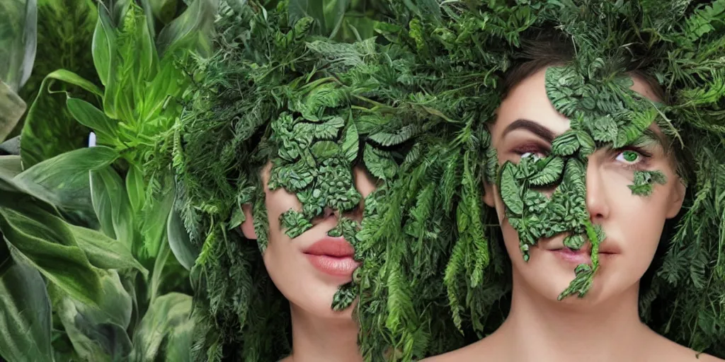 Prompt: a realistic face made of plants