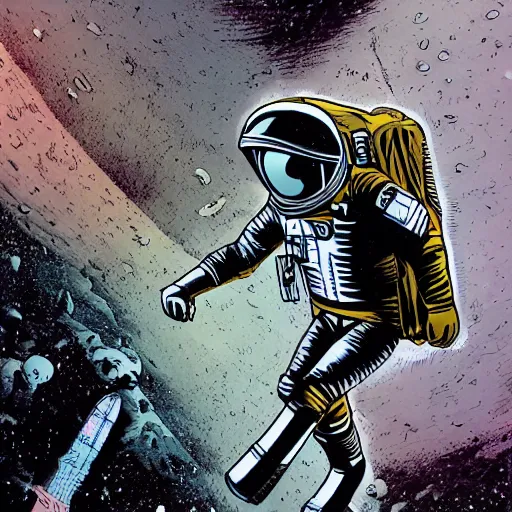 Prompt: astronaut exploring a derelict by frank miller