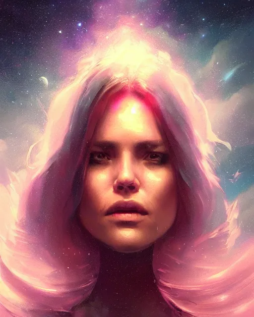 Image similar to epic portrait cinematic shot an giant female face in space, dark, stars, glowing, glowing eyes, fine details. night setting. realistic shaded lighting poster by craig mullism, artgerm, jeremy lipkin and michael garmash, unreal engine, radiant light, detailed and intricate environment, digital art, trending on art station,