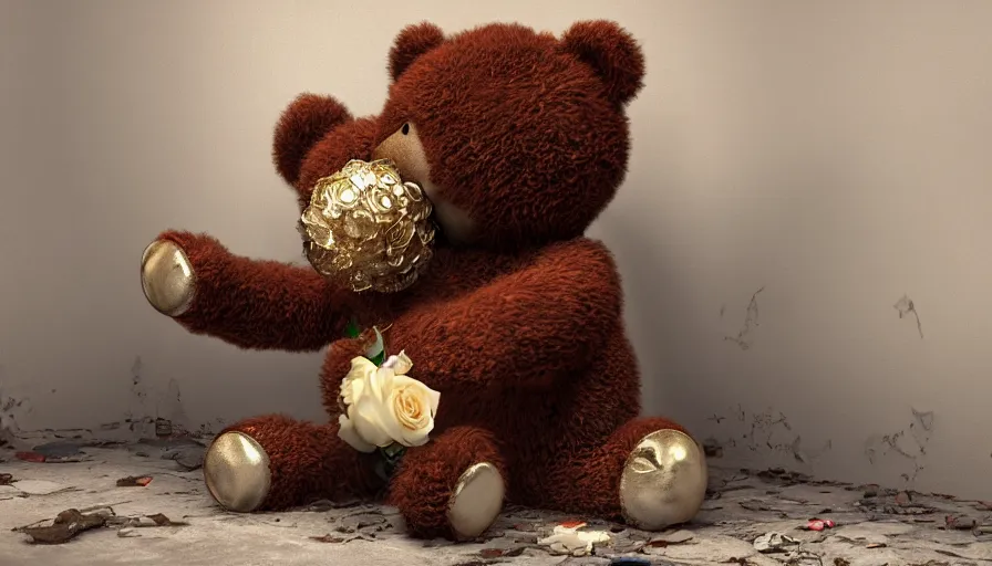 Prompt: teddy bear holding a shiny rose, sit on a dusty floor of an abandoned church, hyperdetailed, artstation, cgsociety, 8 k