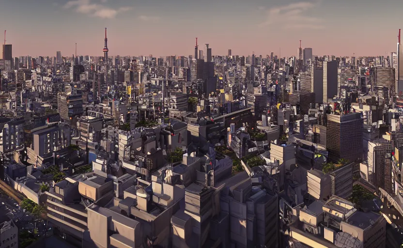 Prompt: unreal engine render of tokyo city from a rooftop view, sunset lighting, hyper realism, realistic shading, cinematic composition, blender render, octane render, hdr, detailed textures, photorealistic, ultrawide shot, 1 6 mm lens