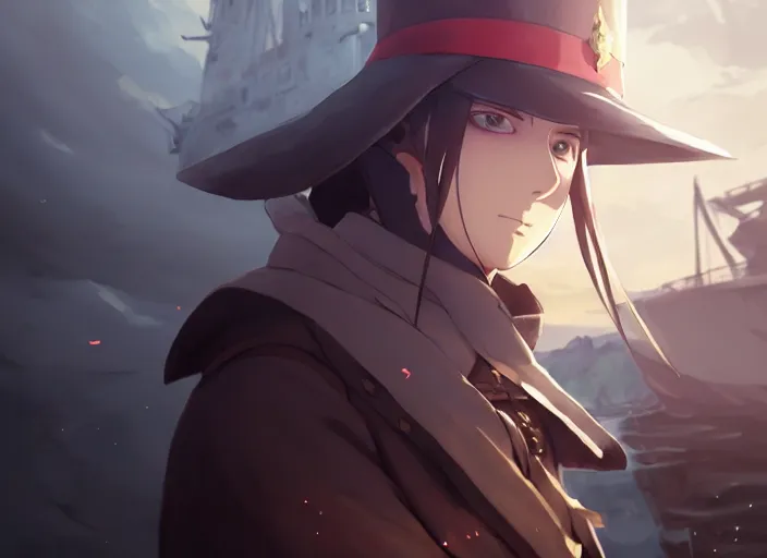 Image similar to portrait of lady maria, helm of second world war warship in background, illustration concept art anime key visual trending pixiv fanbox by wlop and greg rutkowski and makoto shinkai and studio ghibli and kyoto animation, symmetrical facial features, red eyes, astral witch clothes, modern warfare, realistic anatomy, gapmoe yandere grimdark, volumetric lighting, backlit